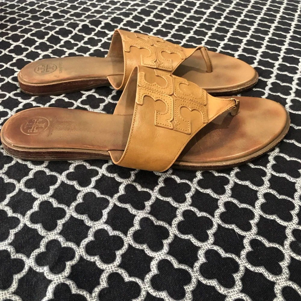 Tory Burch Womens Jamie Brown Tan 10.5 Calf Leather Full Logo Thong Brown 48275